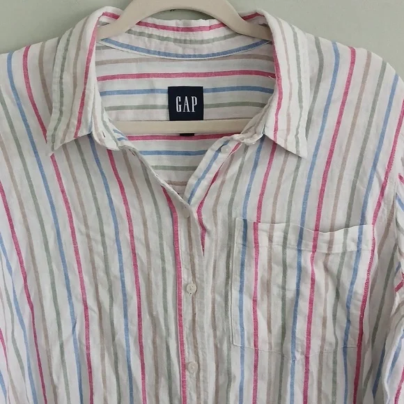 GAP Women's White Striped Button-Up Long Sleeve Linen Blend Shirt Size XL - Picture 2 of 7